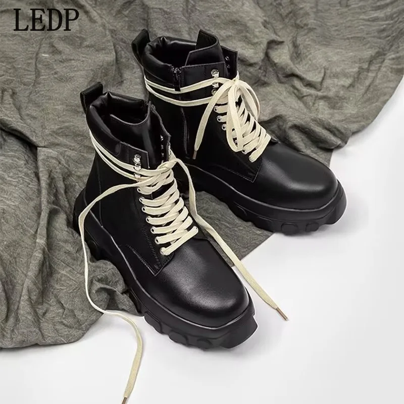

LEDP Vintage Niche Leather Boots for Men, Autumn 2025 Thick Sole, Heightening, Zipper, Motorcycle-style, High-top Shoes