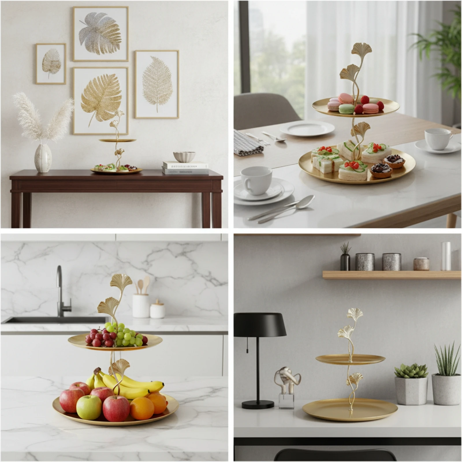 Ginkgo-Leaf Tray Stand Metal Two-Tier Tray Stand Delicate Shiny for Hosts, Dessert Table, Kitchen Counter