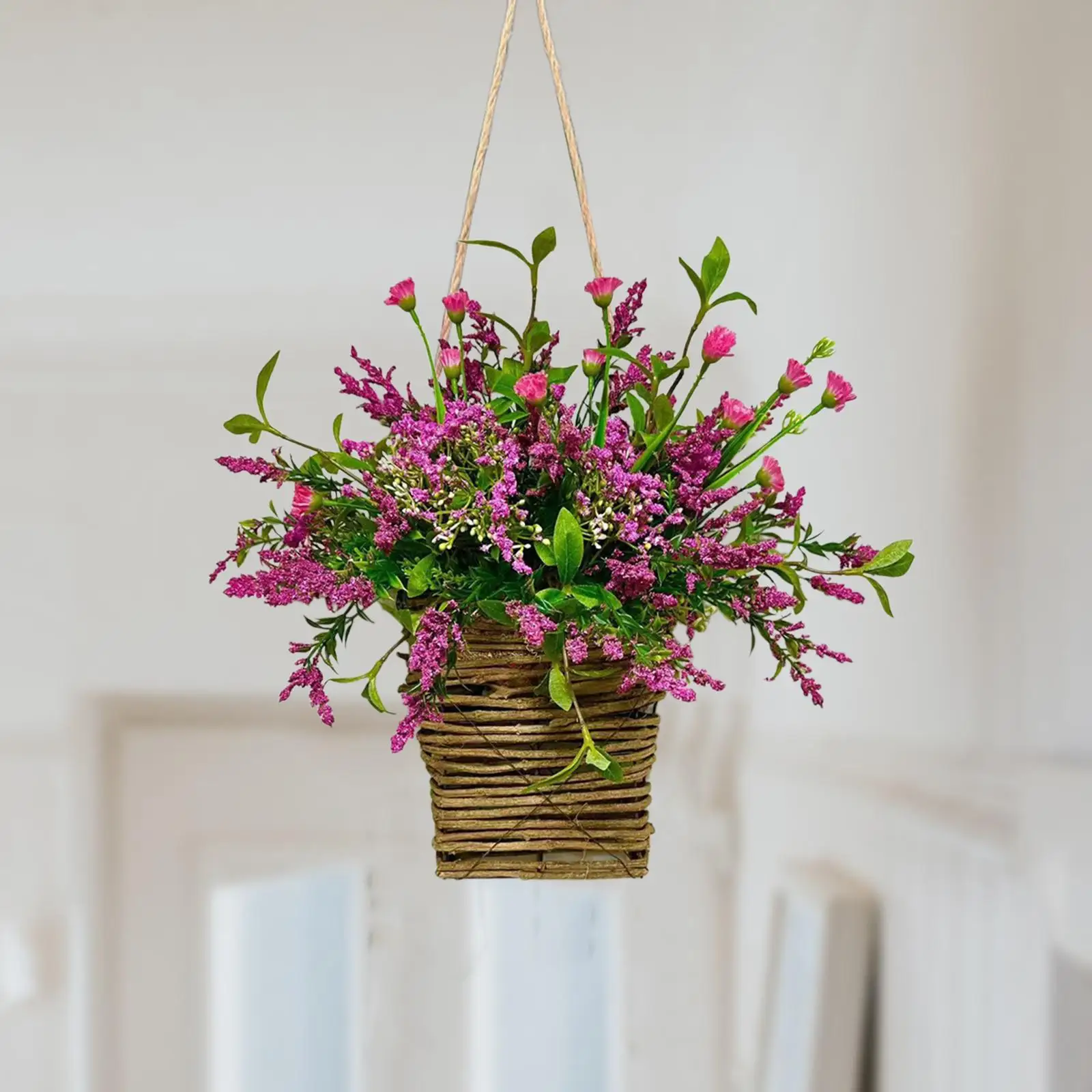 Hanging Basket Wreath Artificial Flower Wreath Floral Rustic Door Hanger Basket Wreath for Indoor Garden