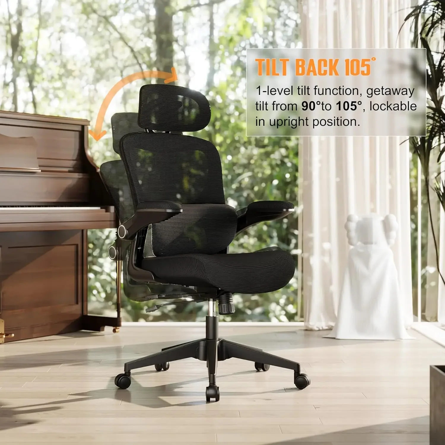 Chaise de Bureau Ergonomique en Maille à Dossier Haut, avec Support Lombaire Réglable, Bras Rabattable, Repose-Sauna, Roue Roulante, US