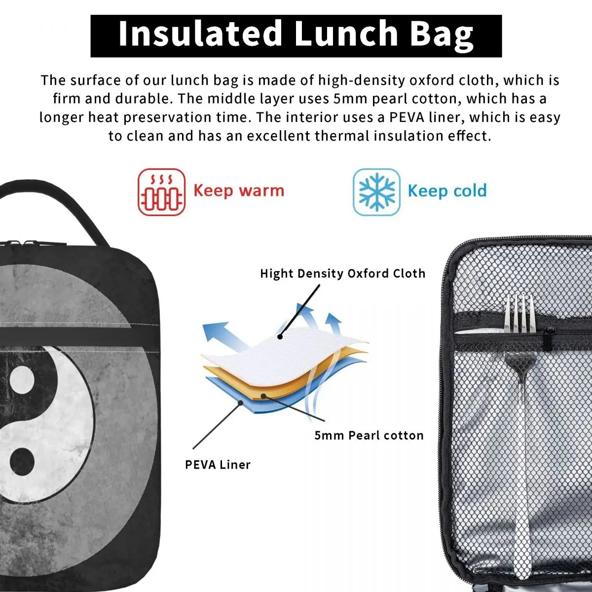 Distressed Yin Yang Symbol Insulated Lunch Bag for Women Kids Portable Food Boxes Thermal Lunch Box Tote