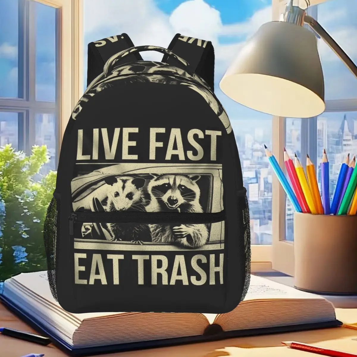 Possum Live Fast Eat Trash Creative Design Graphic Backpack Student Boys Girls BookBag School Bag Shoulder Bags for Men Women