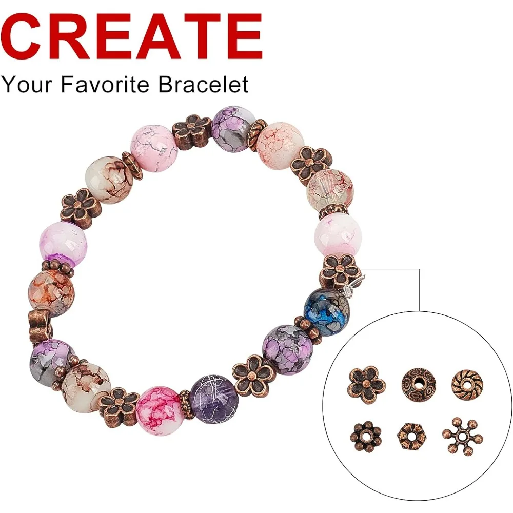 410pcs 6 Styles Tibetan Spacer Beads, Red Copper Jewelry Beads Flower Bicone Snowflake Flat Round Metal Spacers for Bracelet