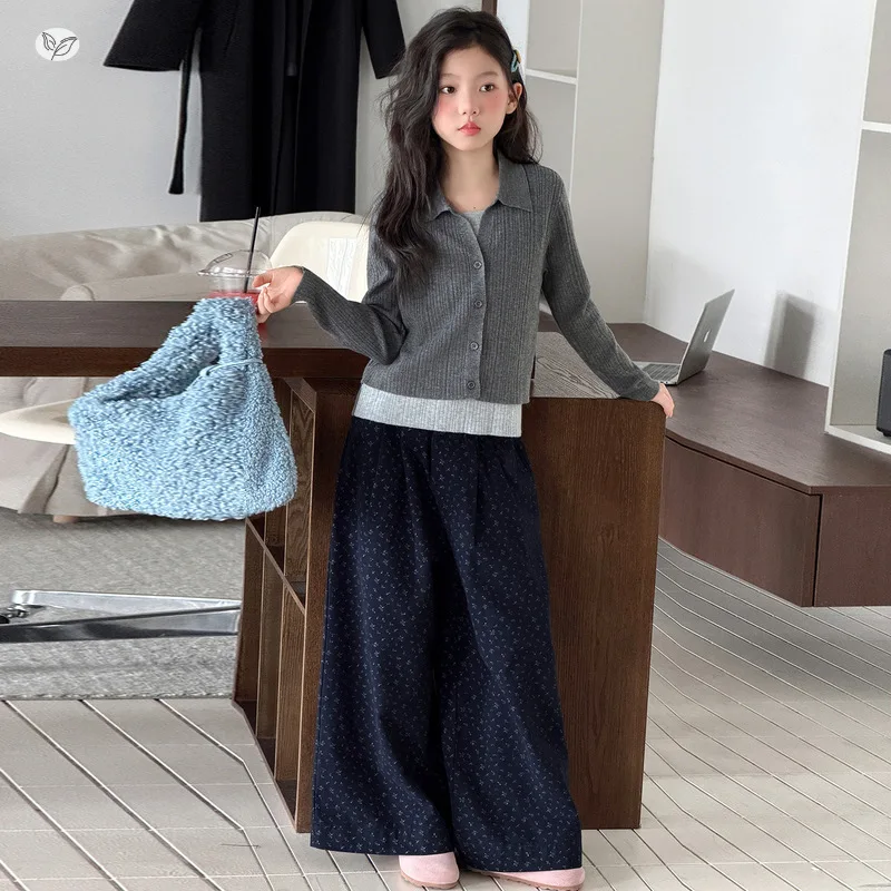 Girls Suit2026New autumn collection for older children: faux two-piece knitted cardigan and floral pants, Korean-style children'