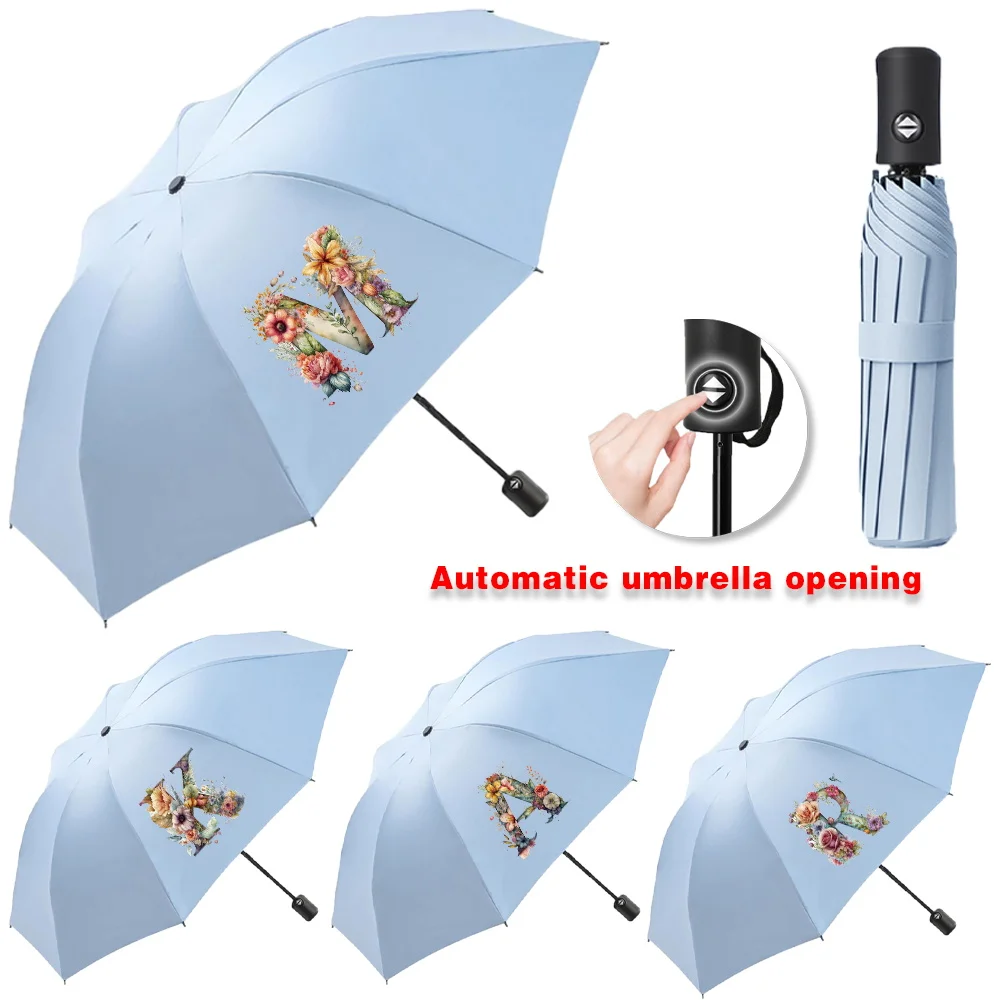 Automatic Umbrella Portable Sunshade Sunscreen Rain Umbrella Blue Handle Foldable Sun Rain Dual Travel floral letter Series