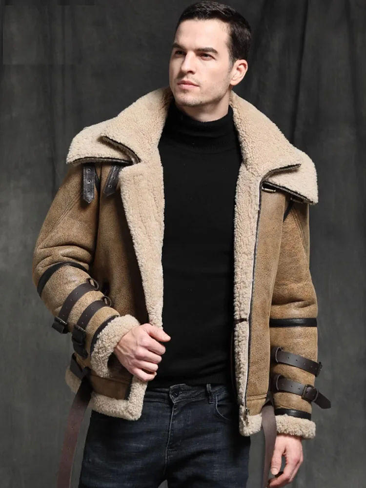 

2024 Men's Winter Fashion Pilot Coat Male Genuine Sheepskin Shearling Jacket Wool Liner Double Layer Collar Plus Size 5xl 6xl