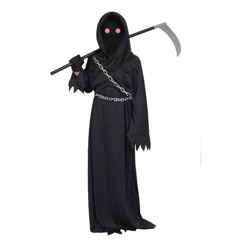 Child Black Red Devil Chain Costume Halloween Red Eye Grim Reaper Horror Play Costume Spooky Cos Robe Sickle Chain Gloves Props