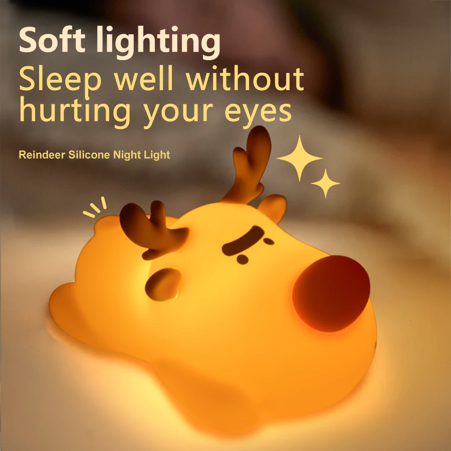 Reindeer Night Light Warm Light Soft Silicone Timer Off Kids Room Bedroom Sleeping Companion Christmas Gift Decorative Lights