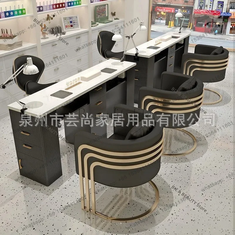 FG Special Double Nail Tables Rock Plate Tabletop with Vacuum Cleaner Nail Tables Nordic Chair Set Salon Furniture Tavolo JTN