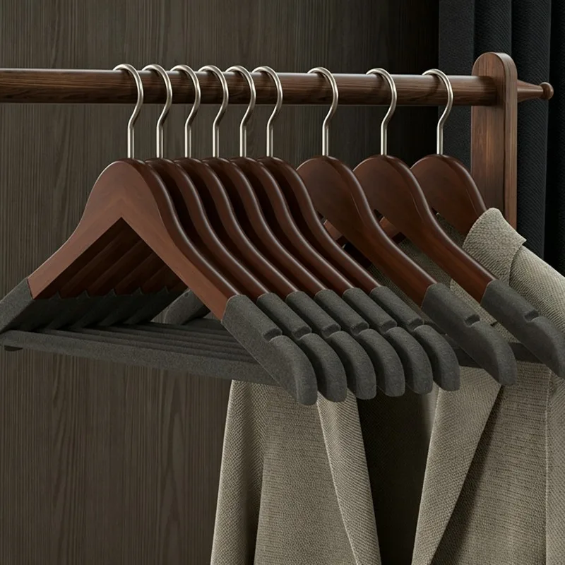 Non Slip Flocked Wooden Hanger, Natural Solid Wood Traceless Clothes Hanger, Flocked Garment Support for Boutique Closet Storage
