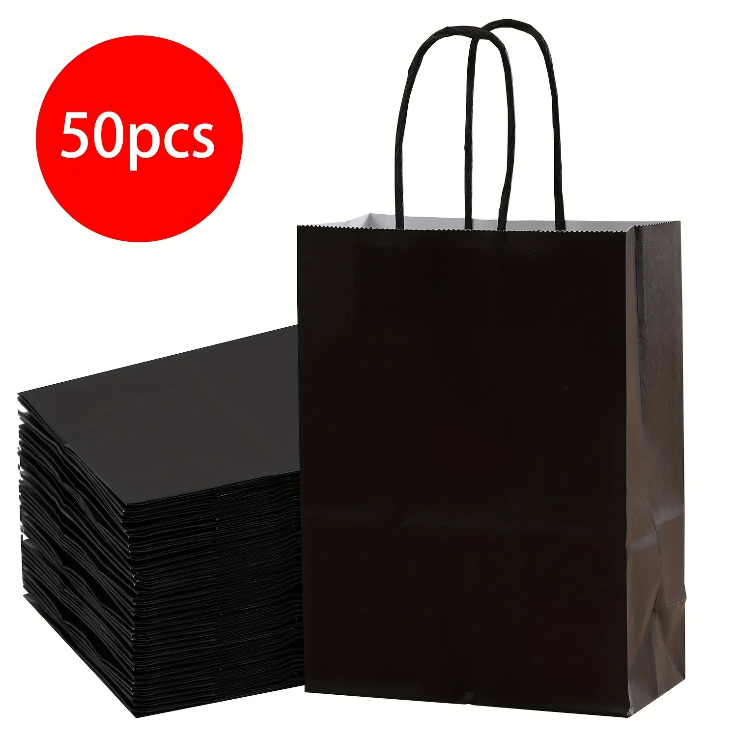 

50 Pack Black Paper Gift Bags - Eco-Friendly, Durable Shopping Tote Handles - Takeout, Treats, Favors - All Occasions