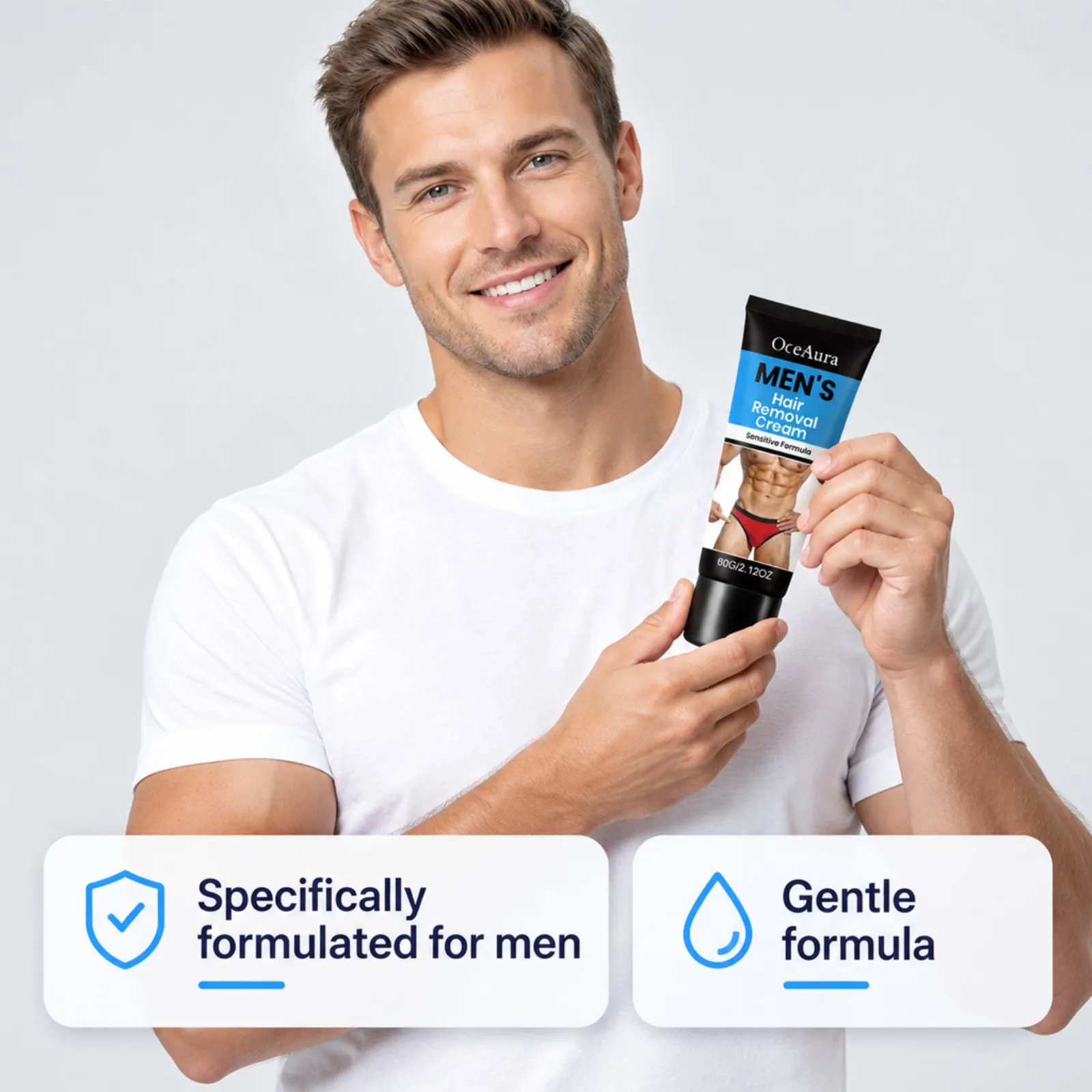 Men Body Hair Removal Cream 60g Fast Acting Depilatory No Razor Burn for Chest Back Legs Intimate Areas Smooth Skin Care