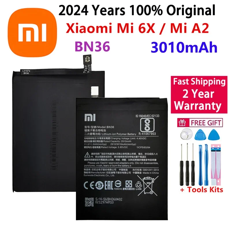 

2024 Years 100% Orginal Xiao Mi BN36 2910mAh Battery For Xiaomi 6X A2 Mi6X MiA2 M6X MA2 High Quality Phone Replacement+Tools