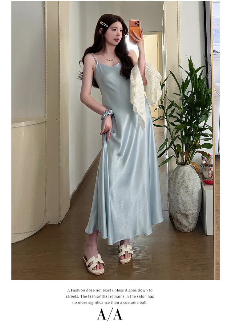 Maternity Clothes Summer 2026 French Elegant Temperament White Irregular Tops And Blue Satin Spaghetti Strap Dress For Pregnancy