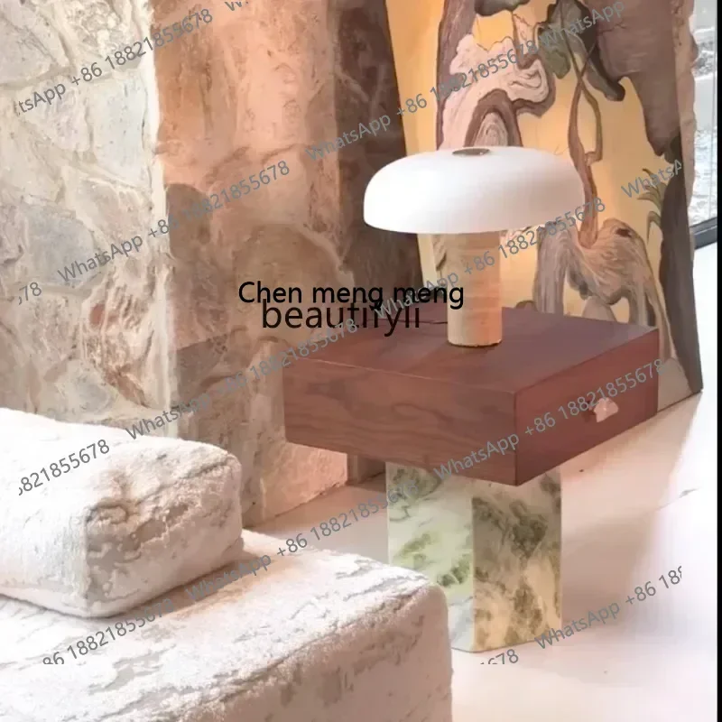 DD  Natural green jadeite marble black walnut bedside table few single drawers art creative designer