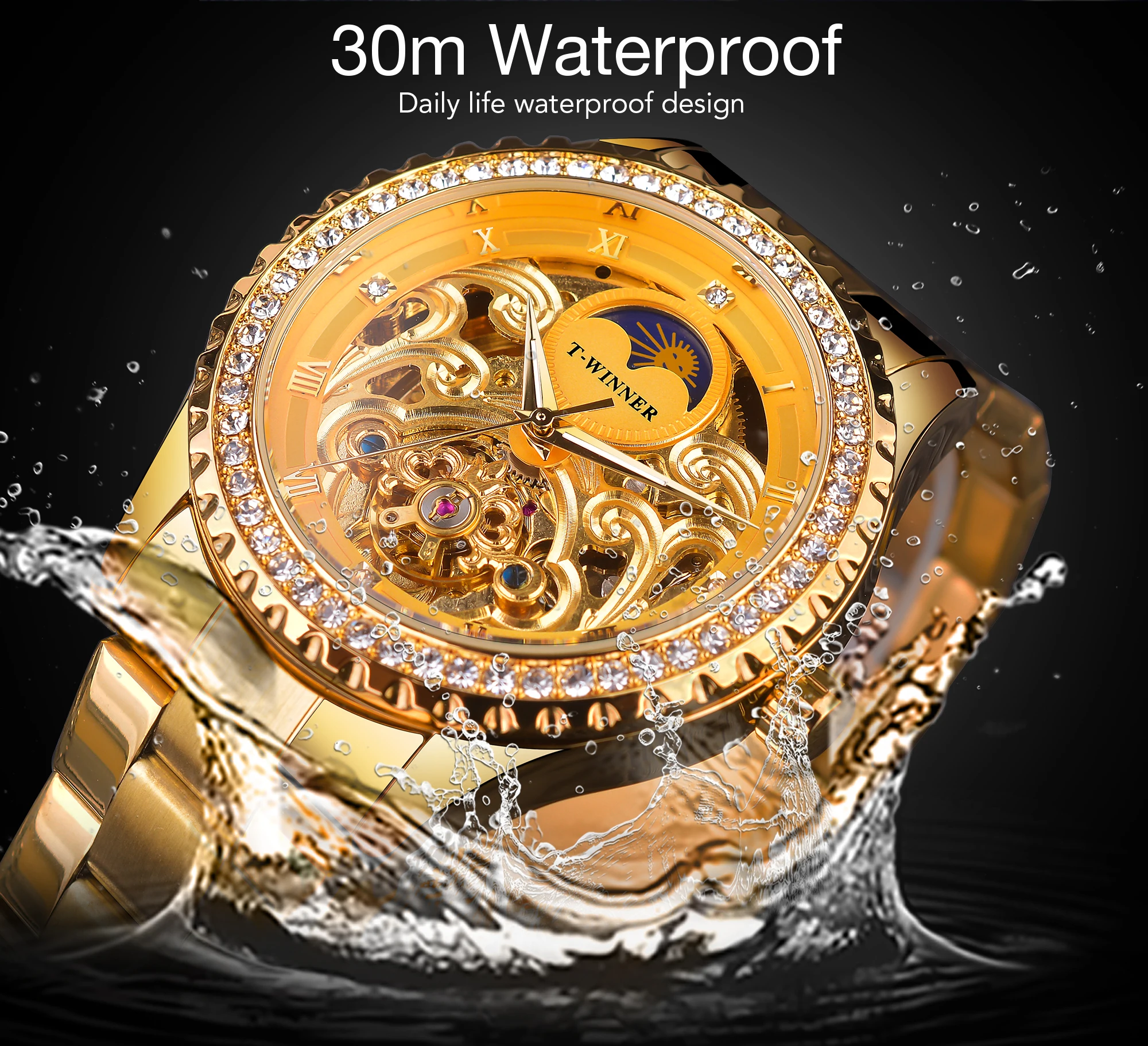 

Winner Brand Golden Moon Phase Design Luxury Retro Style Diamond Full Stainless Steel Skeleton Tourbillon Men Automatic Watches