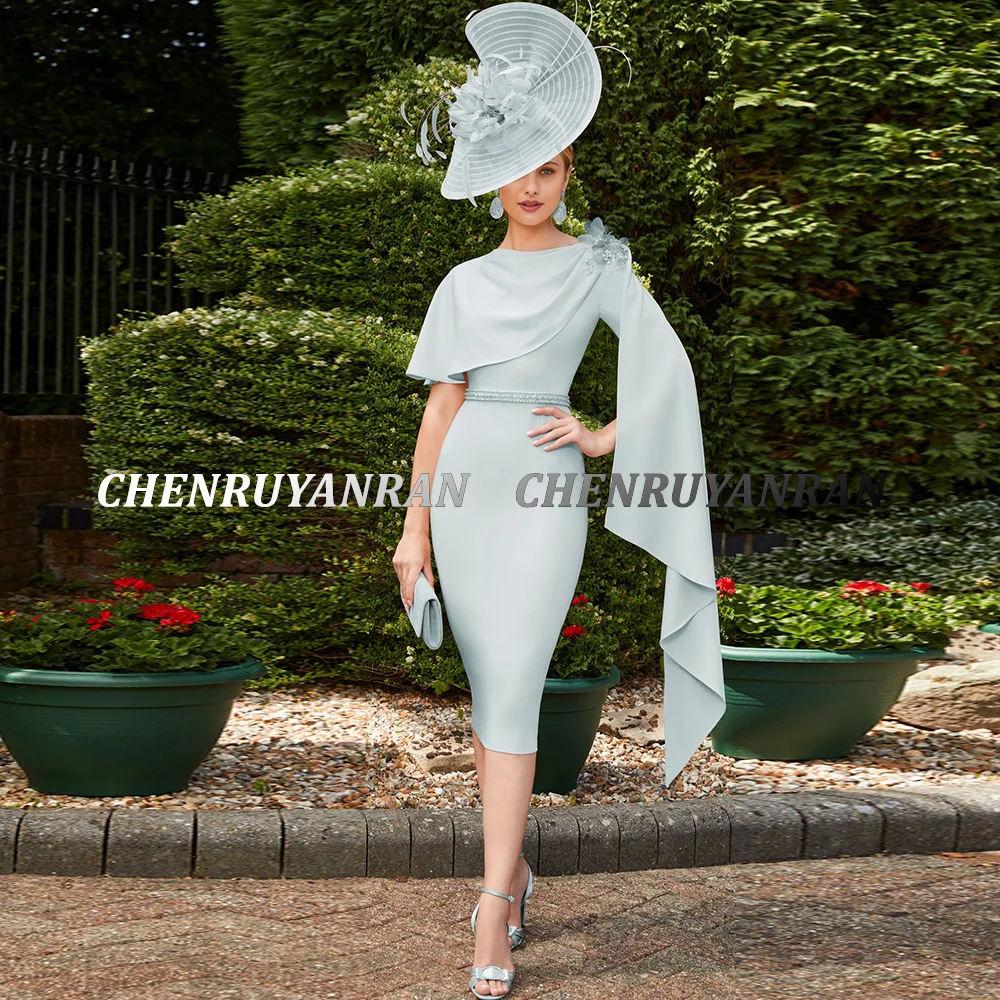 Simple Mother of the Bride Dresses 2022 3D Flower Sheath Wedding Guest Gowns Short Sleeves Elegant Dress Women For Wedding Party