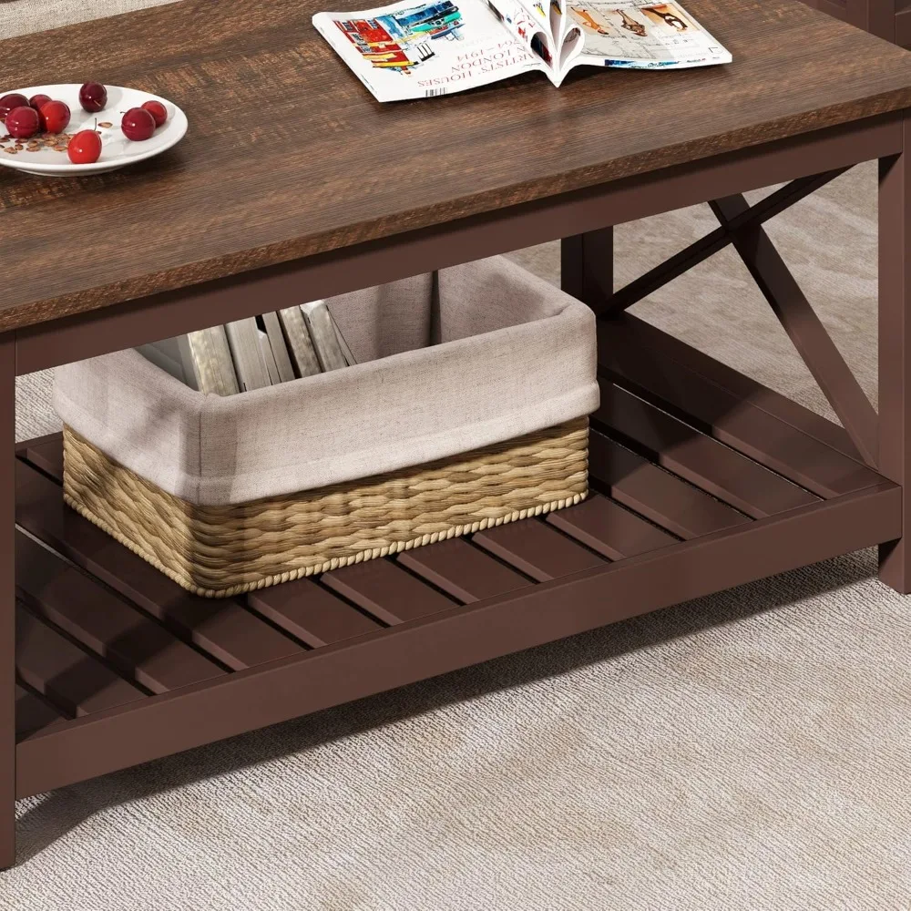 Coffee Table, Rustic Vintage Farmhouse Living Room Table with Shelf