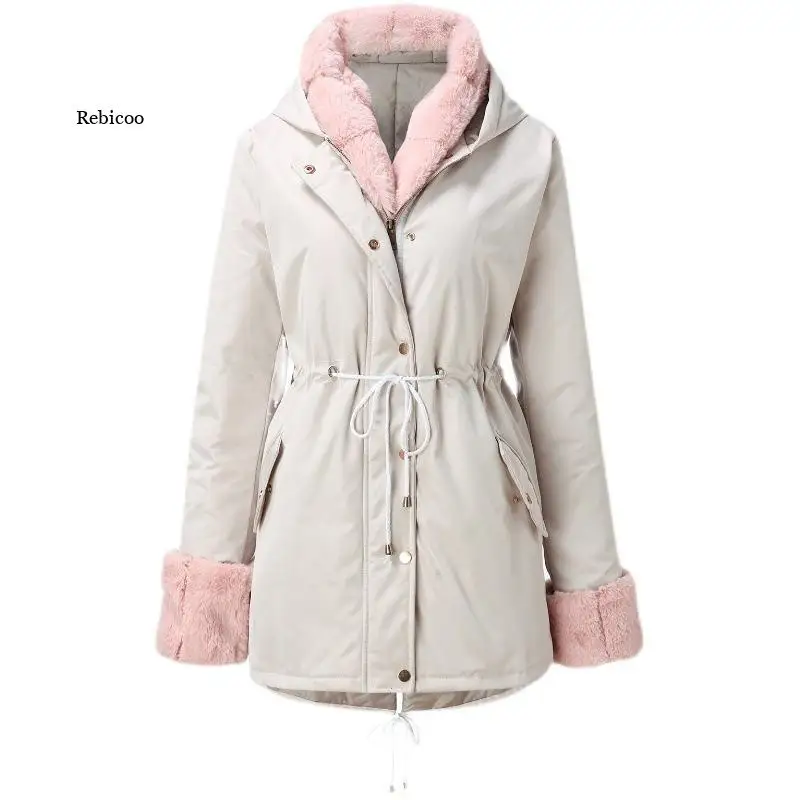 Women 2023 Winter Detachable Fur Collar Padded Jacket Parksuit Hooded Warm Cotton-Padded Clothes Zipper Fashionable Coat Jacket