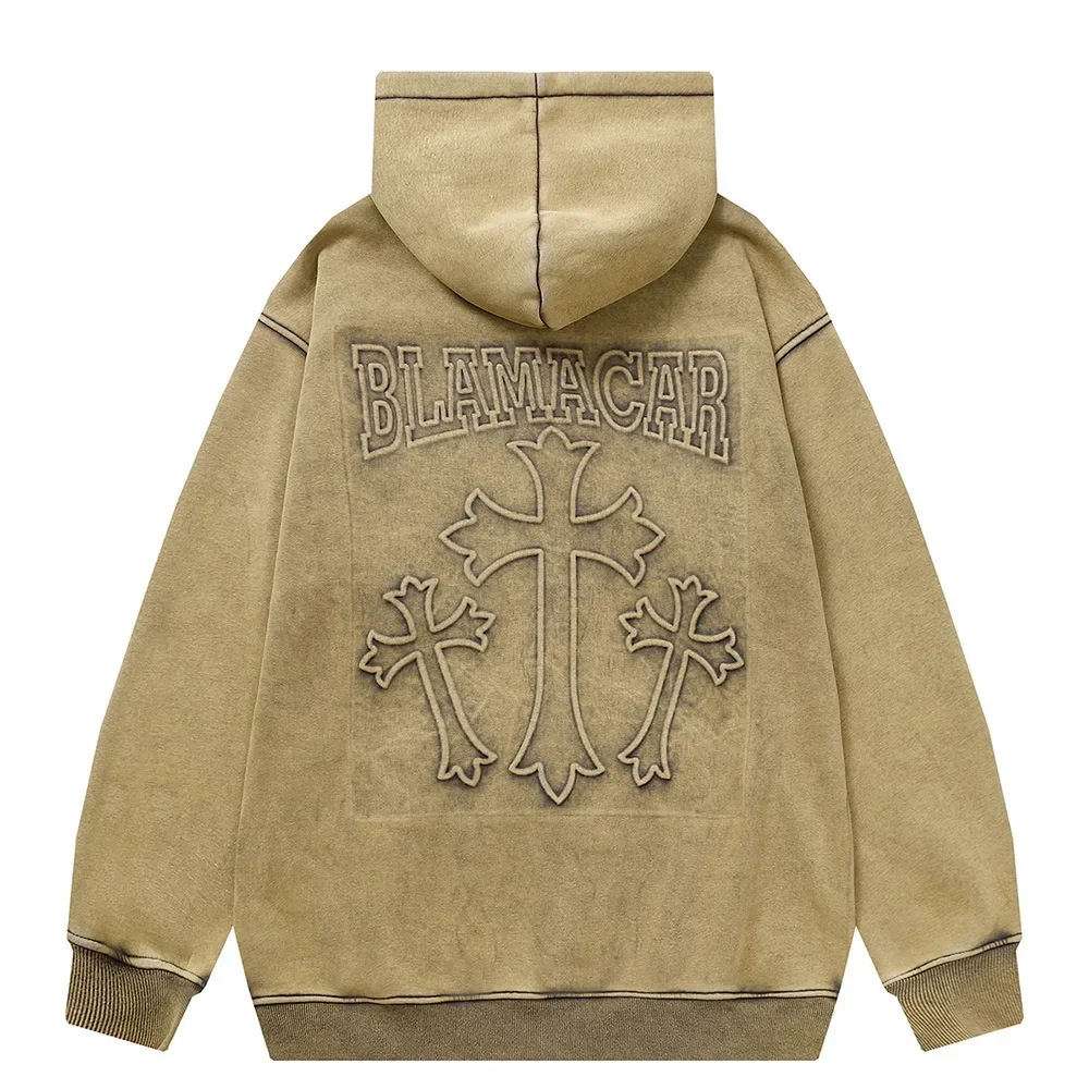 2023 Wholesale Sand color embossed sweatshirt Designer hiphop style embossed hoodie heavyweight washed zip up hoodie