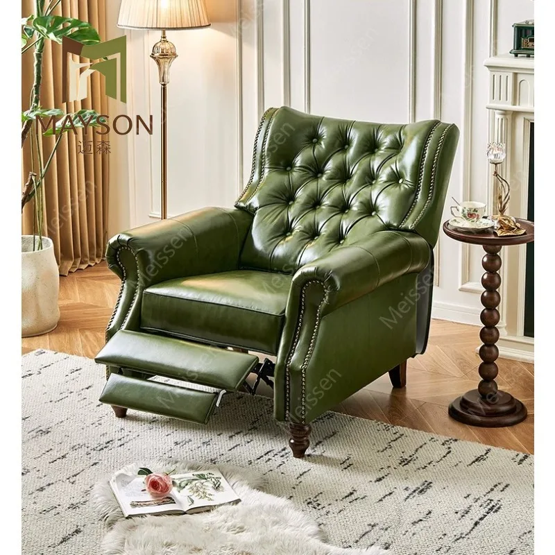 American functional chair retro single sofa living room first layer cowhide leisure recliner green