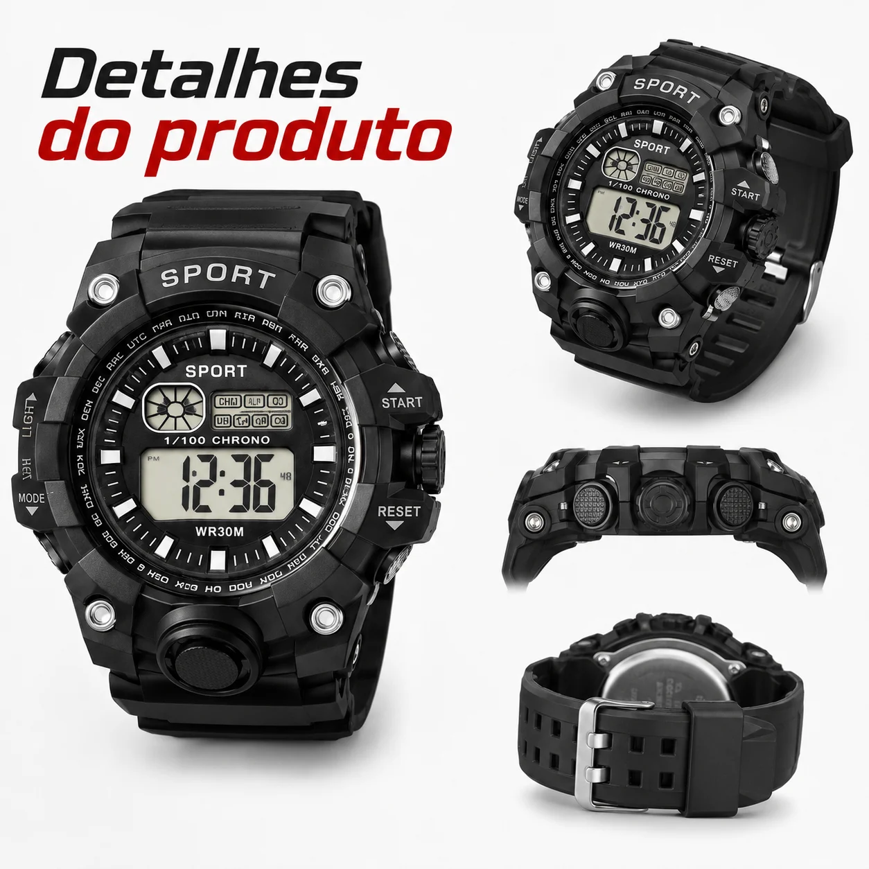 Relógio Digital Esportivo com Alarme para Homens, Mostrador Grande, à Prova d'Água, Luminoso, Relógio de Pulso Eletrônico Multifuncional