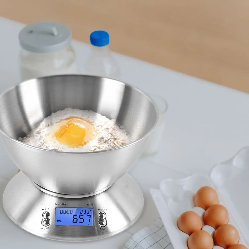 

Digital Kitchen Scale Stainless Steel with Removable Bowl Baking Scale 5000g/1g High Accuracy Cooking Scale Vegetable