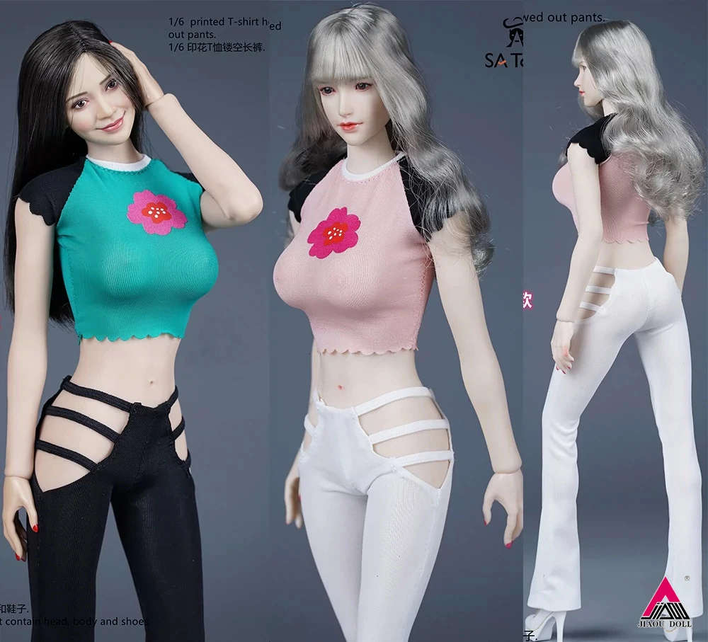 SA Toys SA028 1/6 Tight Printed Off Waist Short Sleeve Slim Fit Micro Ragged Pants 12'' Female Action Figure Body Dolls