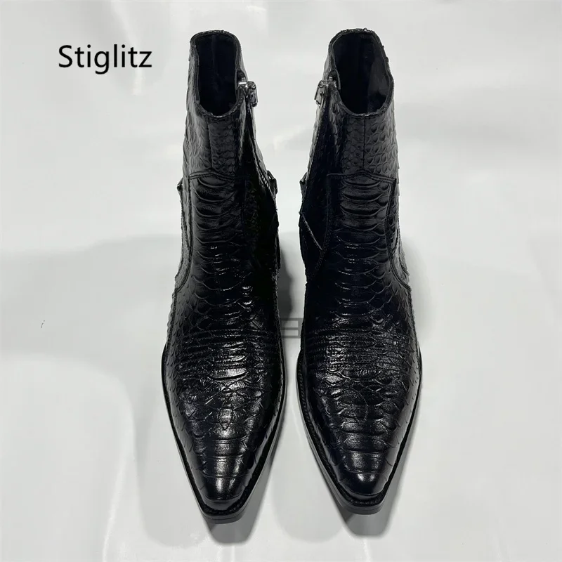 Embroidery Genuine Leather Cowboy Boots for Men British Style Trendy Versatile Black Chelsea Boots Heels Business Dress Shoes