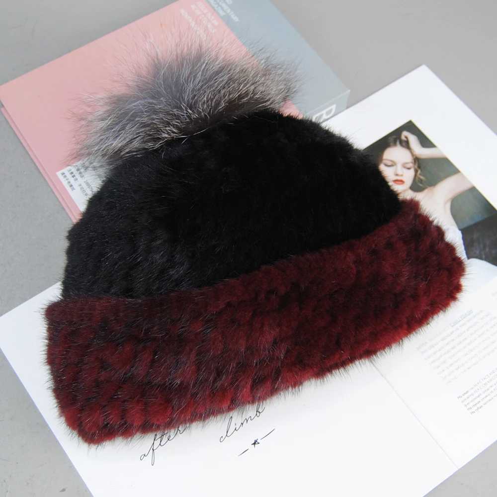 2025 Top Fox Fur Pompoms Caps Lady Good Elasticity Real Mink Fur Hats Russia Winter Fur Hat Women Knitted Warm Real Mink Fur Hat