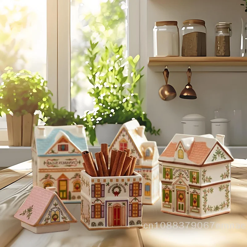 Mini Christmas Gingerbread House Spice Jar Set Holiday Village Festive Kitchen Decor with Countertop Christmas Candle