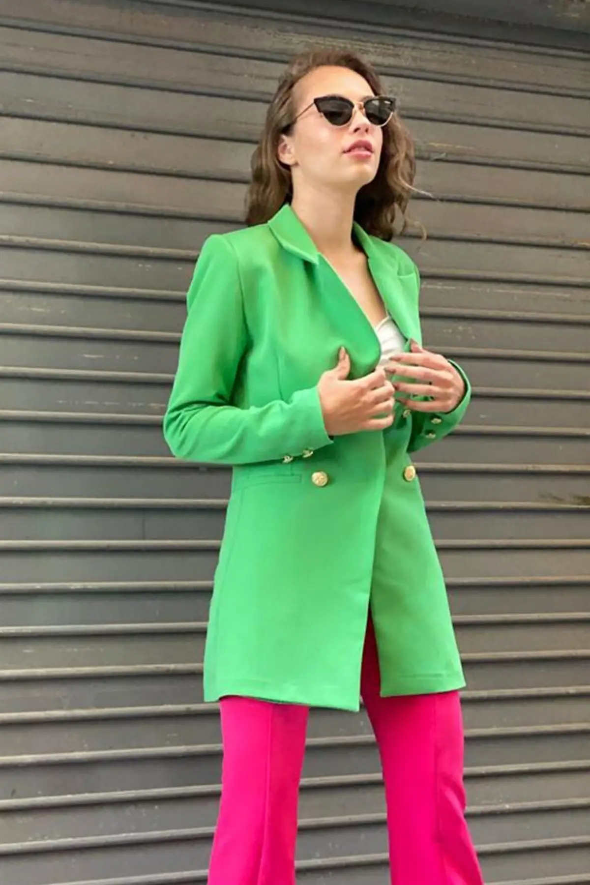 Shoulders With Shoulder Pads Front Snaps Atlas Fabric Women \'S Blazer Jacket-Green