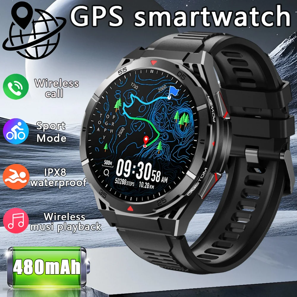 

2025 Новые спортивные часы GPS SmartWatch Мужчины 466*466 AMOLED HD 150 + спортивный режим Компас BT Монитор здоровья вызова IP69 Водонепроницаемые часы