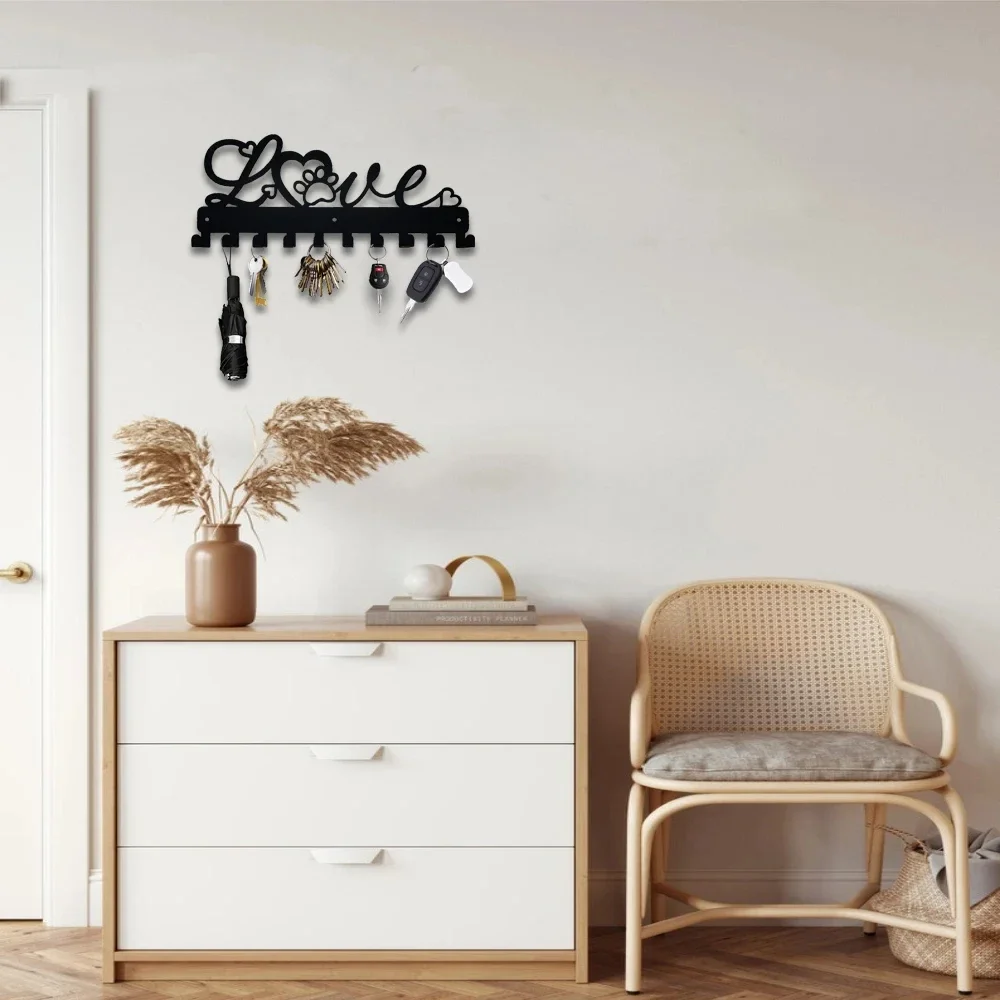 1pc Iron Wall Mounted Hooks Decorative Hook Organizer Rack for Towel Bag Keys Caps Home Love Metal Key Holder 10 Hooks Black
