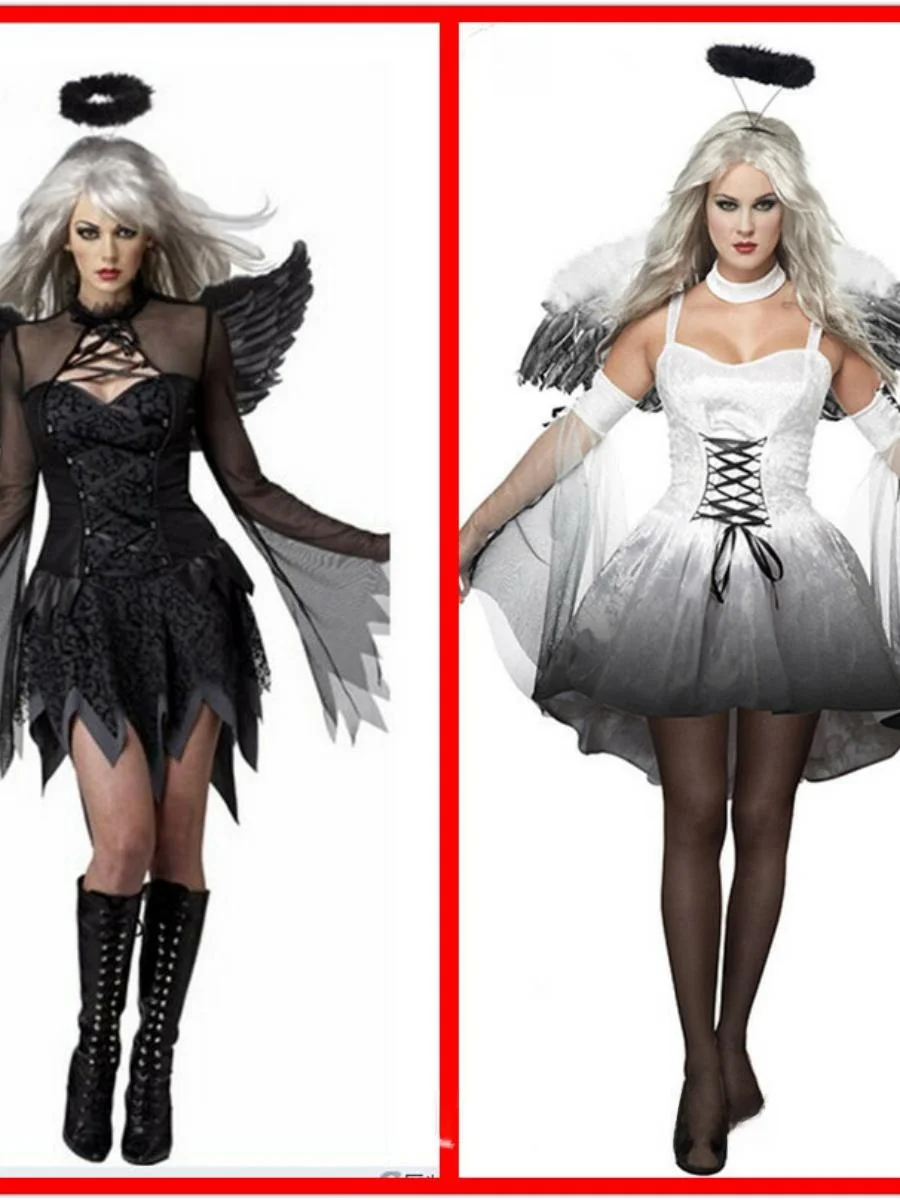 أزياء الهالوين للبالغين Bla White Angel Devil Par ملابس أداء للسيدات مقاس كبير
