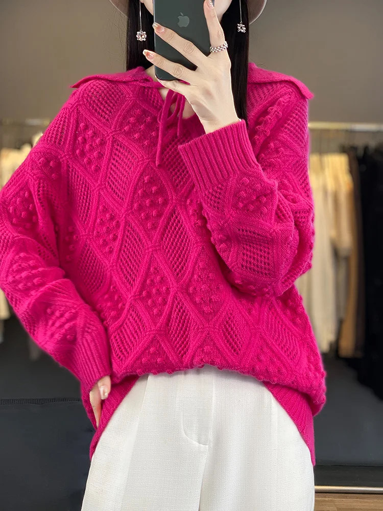 Addonee sweter Pullover kerah pelaut berongga wanita sweter musim semi musim gugur kenyamanan Grace 100% atasan rajut wol Merino atasan gaya Korea