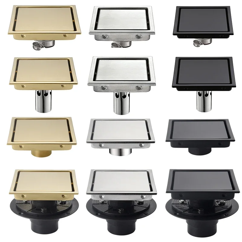 Square Shower Drain Tile Insert Anti Odor Stainless Steel  Kit with Removable Grate Cover Hair Strainer Black Gold