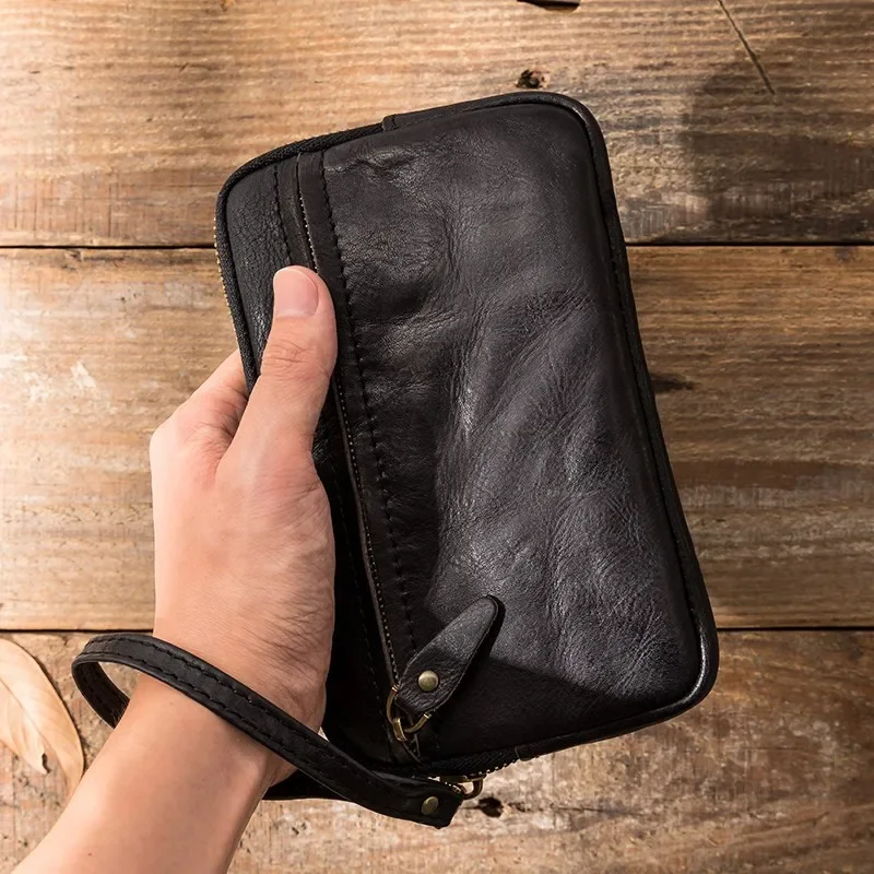 Vintage Men's Top Layer Leather Long Wallet Handmade Genuine Leather Black Clutch Bag Multifunctional Zipper Money Clasp Purse