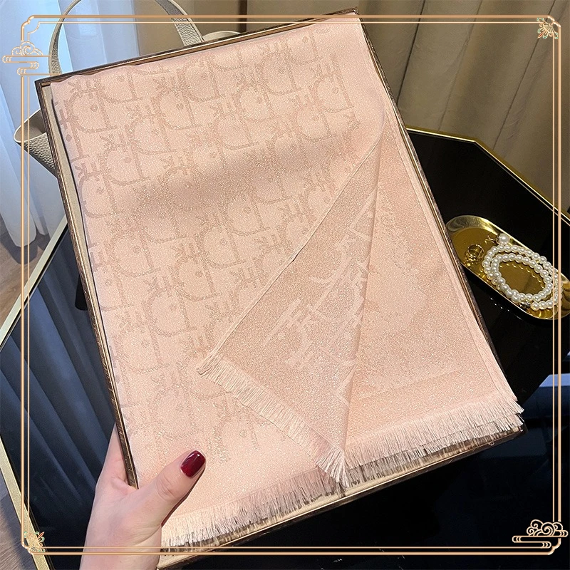 

2025 new gift D letter imitation silk scarf simple fashion versatile shawl tencel cotton silk scarf scarf