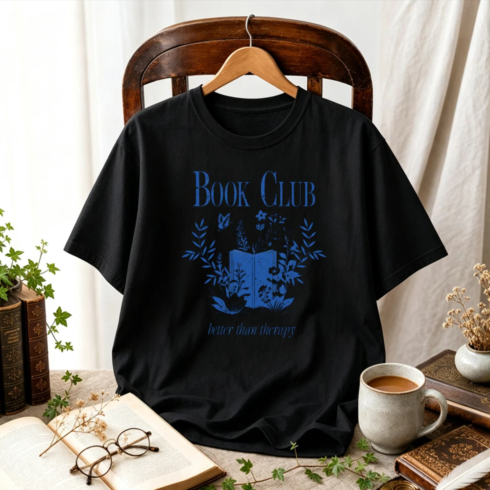 Women Book Club Better Than Therapy Floral Open Book Butterfly Graphic T-Shirt Book Lover Tee Bookish Cottagecore Casual Tops