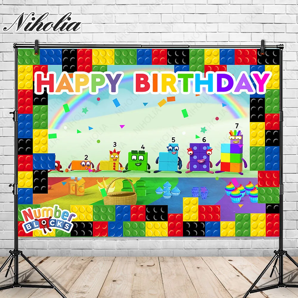 Niholia Number Blocks Photo Backdrop Happy Birthday Party Photography Rainbow Background Decorate Vinyl Banner Booth Props