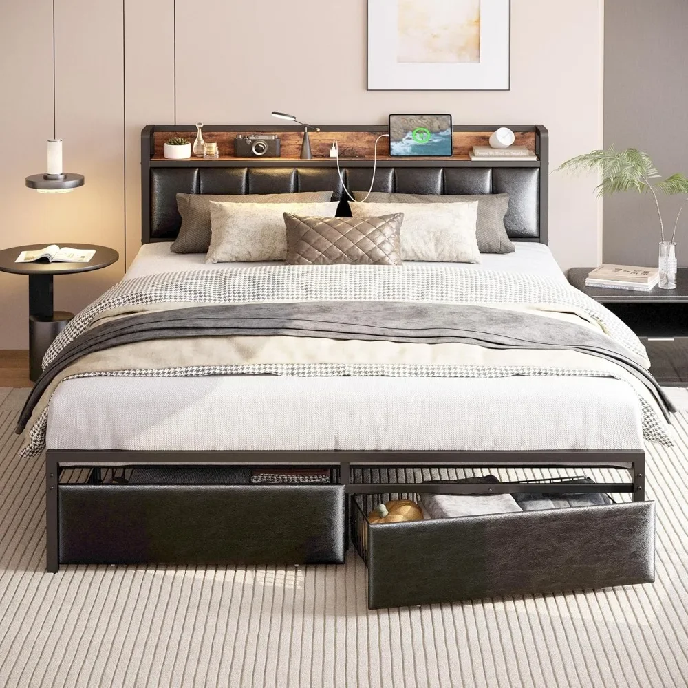 

Queen Size Bed Frame with Storage Headboard and Charging Station, 2 Drawers, Upholstered Platform Bed Frame