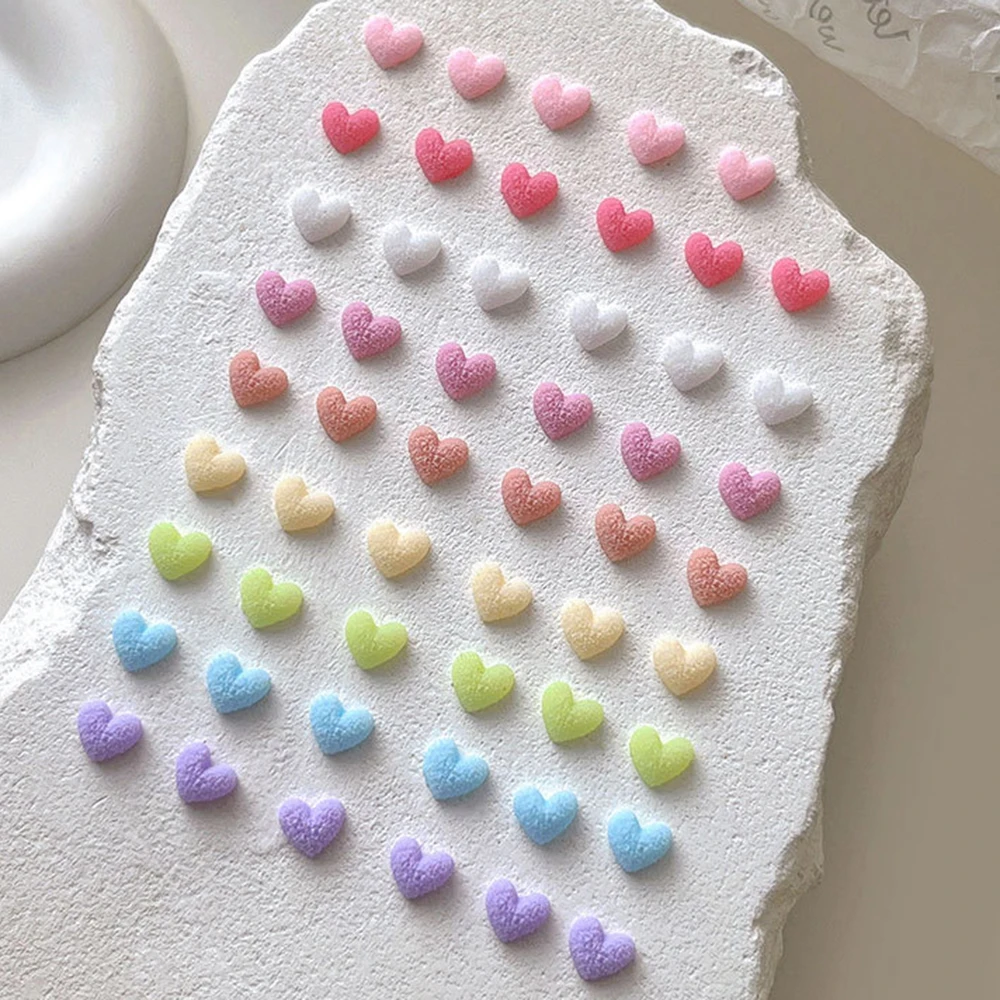 50pcs Macaron Frosted Heart Nail Art Charms Iridescent Matte Love Flat-back Nail Rhinestones Kawaii Chubby Heart Manicure Decora