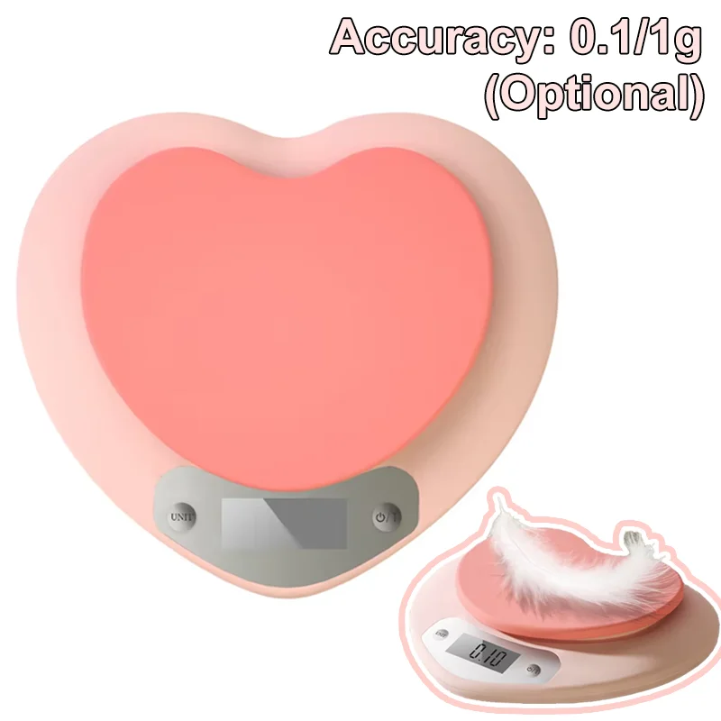 Digital Kitchen Scale Pink Heart-shaped Portable High-Precision Scale 5kg/1g 3kg/0.1g LCD Display Electronic Scale Battery Power