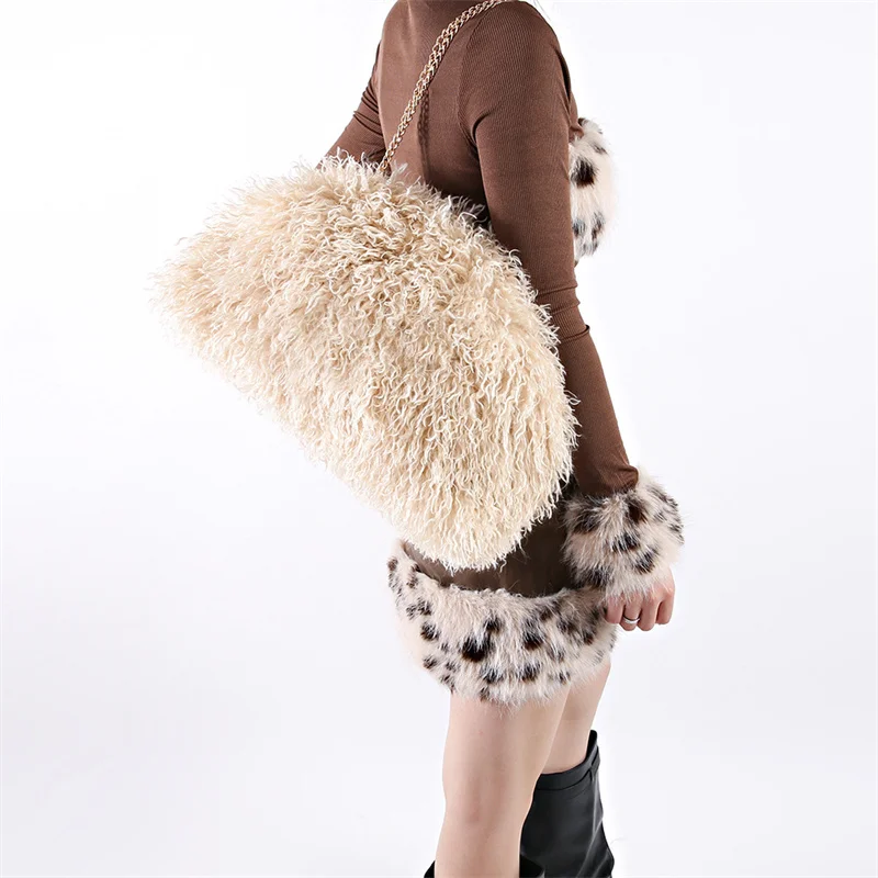 Y2K Fluffy Shaggy Faux Fur Bag Women Plush Underarm Handheld Shoulder Bag Purse for Daily Party
