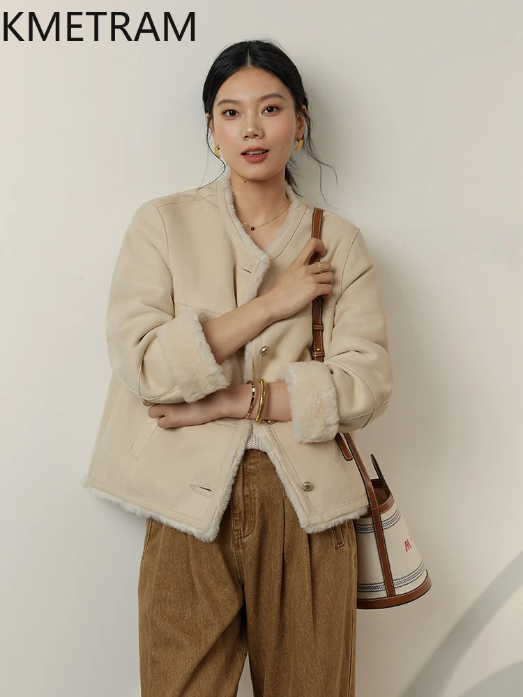 Kurtka damska z prawdziwego futra z owczej skóry merino, dwustronna, krótka, beżowa, naturalna wełna, odzież zimowa damska, futro 2025