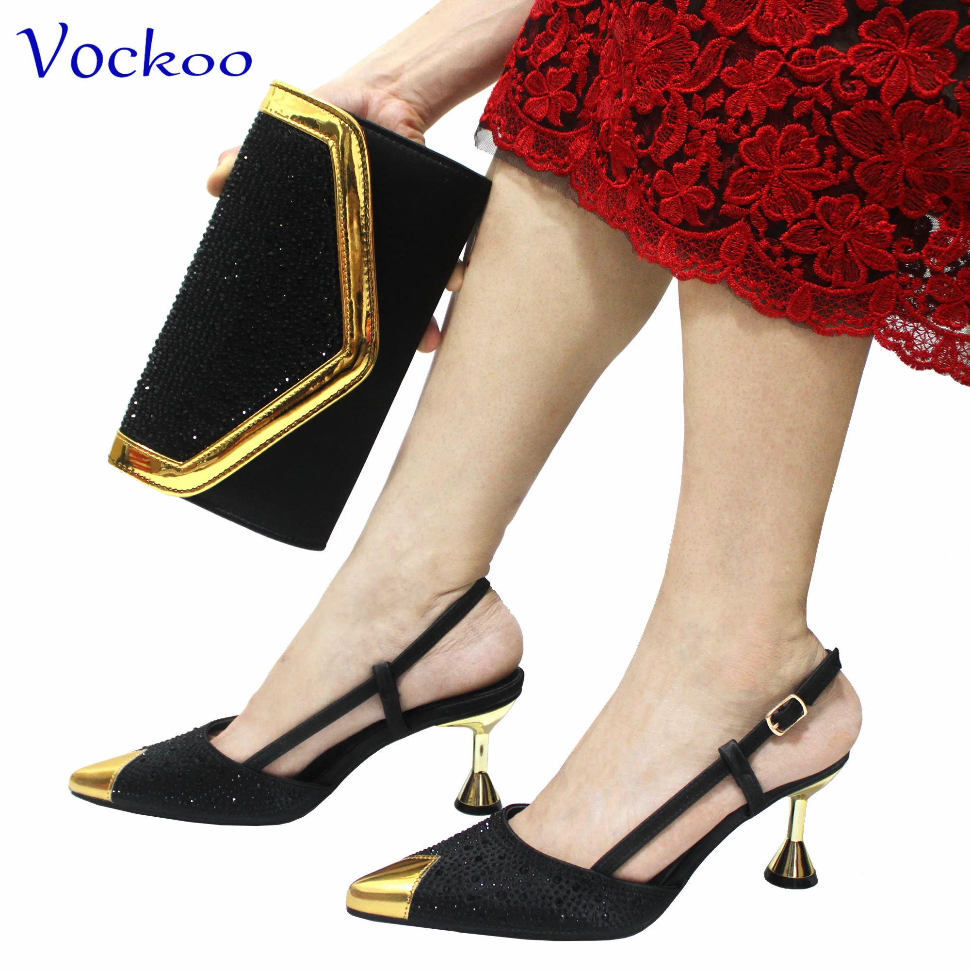 2024 Sexy Office Ladies Shoes and Bag Set High Quality New Design Pointed Toe with Crystal Black Color for Party