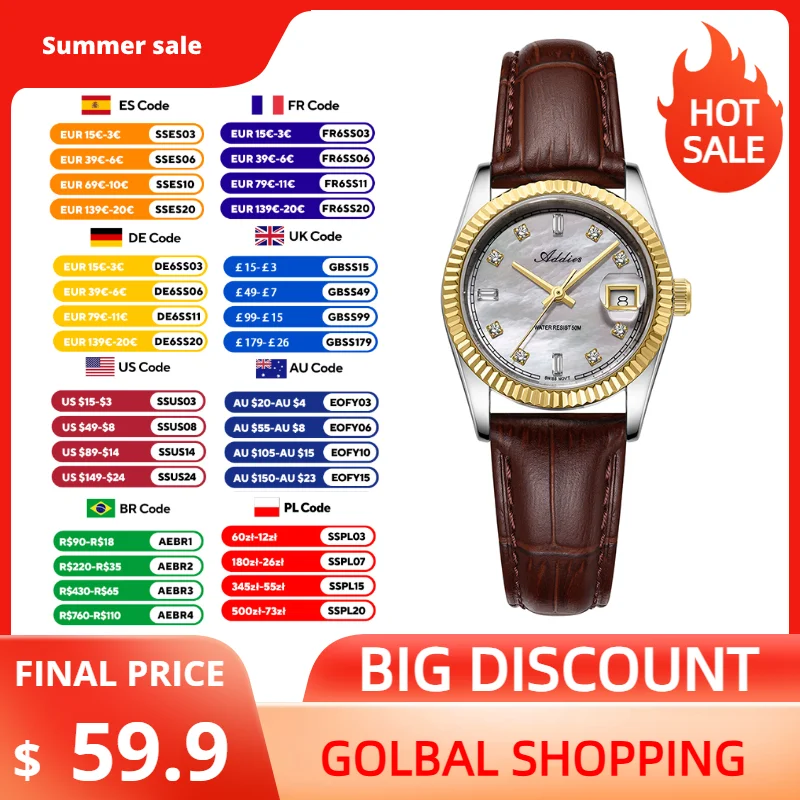 Addies 585 Quartz Watch for Women 28mm Sapphire Glass 316L Stainless Steel 5Bar Waterproof Diver Fashion Watches New Luxury