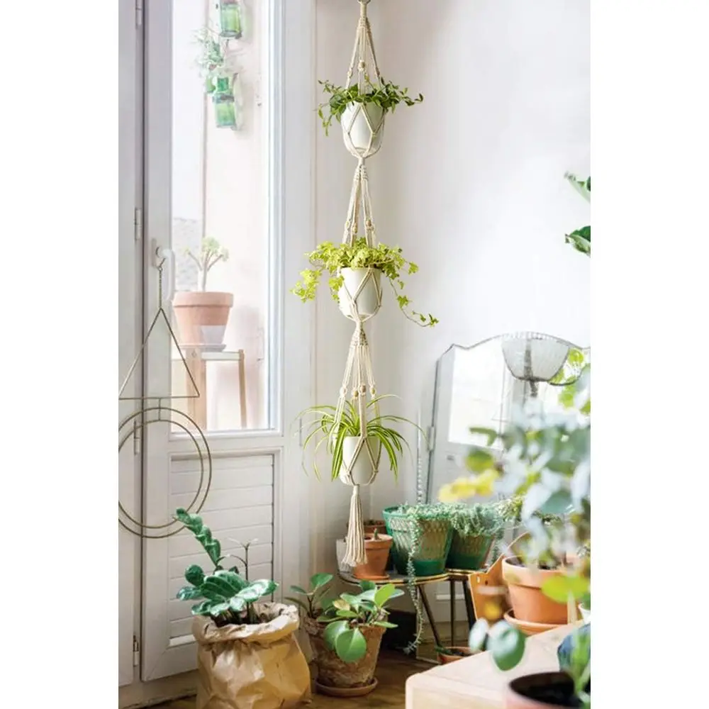 Plant Hanger 3 Tier Indoor Outdoor Hanging Planter Basket Cotton Rope with Beads 70 Inches (Pots and Plants NOT Included)