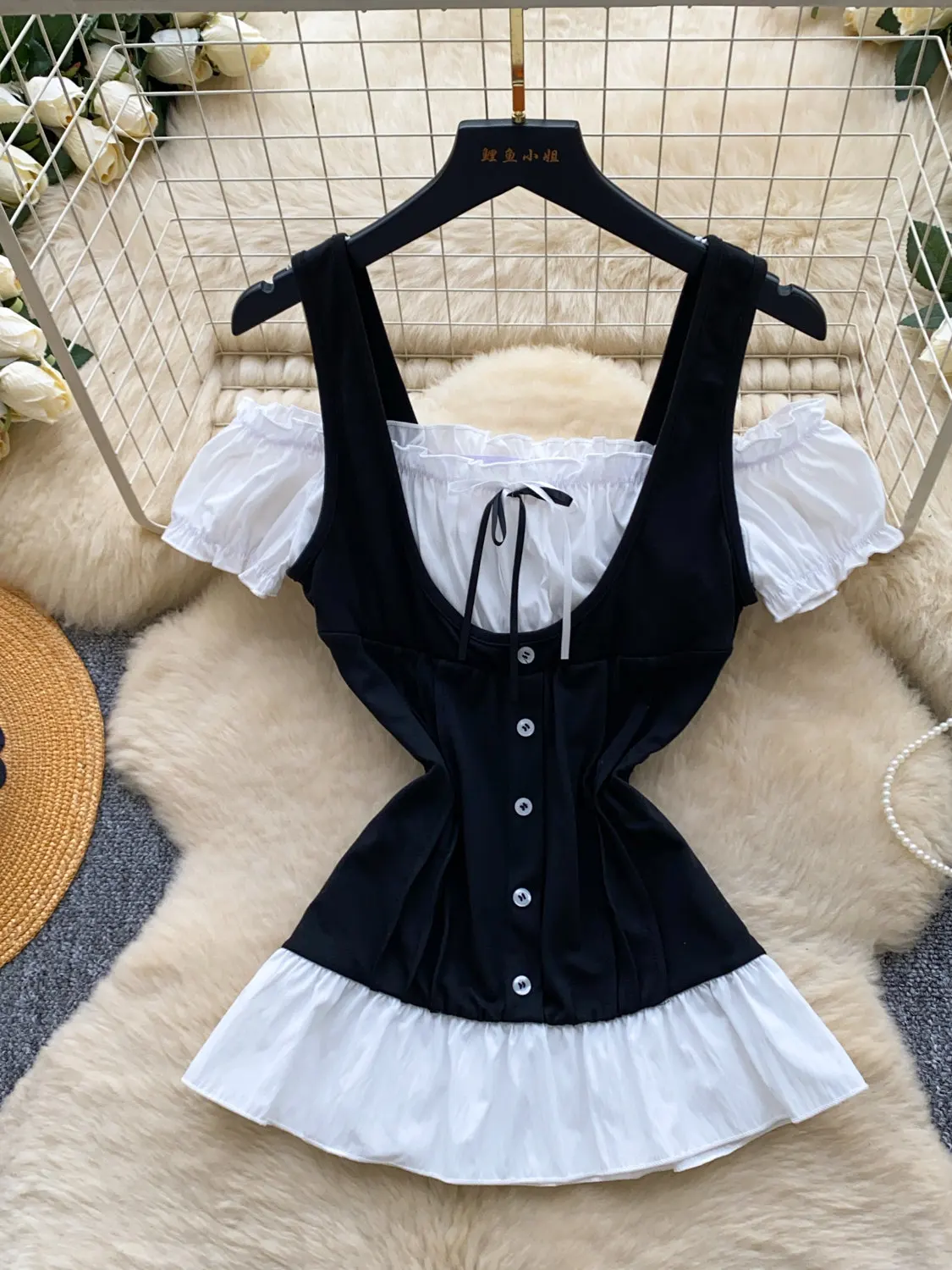 Korean Color Block Short Sleeve Lolita Top Women Summer Skin-friendly Breathable Regular Waist Tie Women Short Sleeve Top Girl